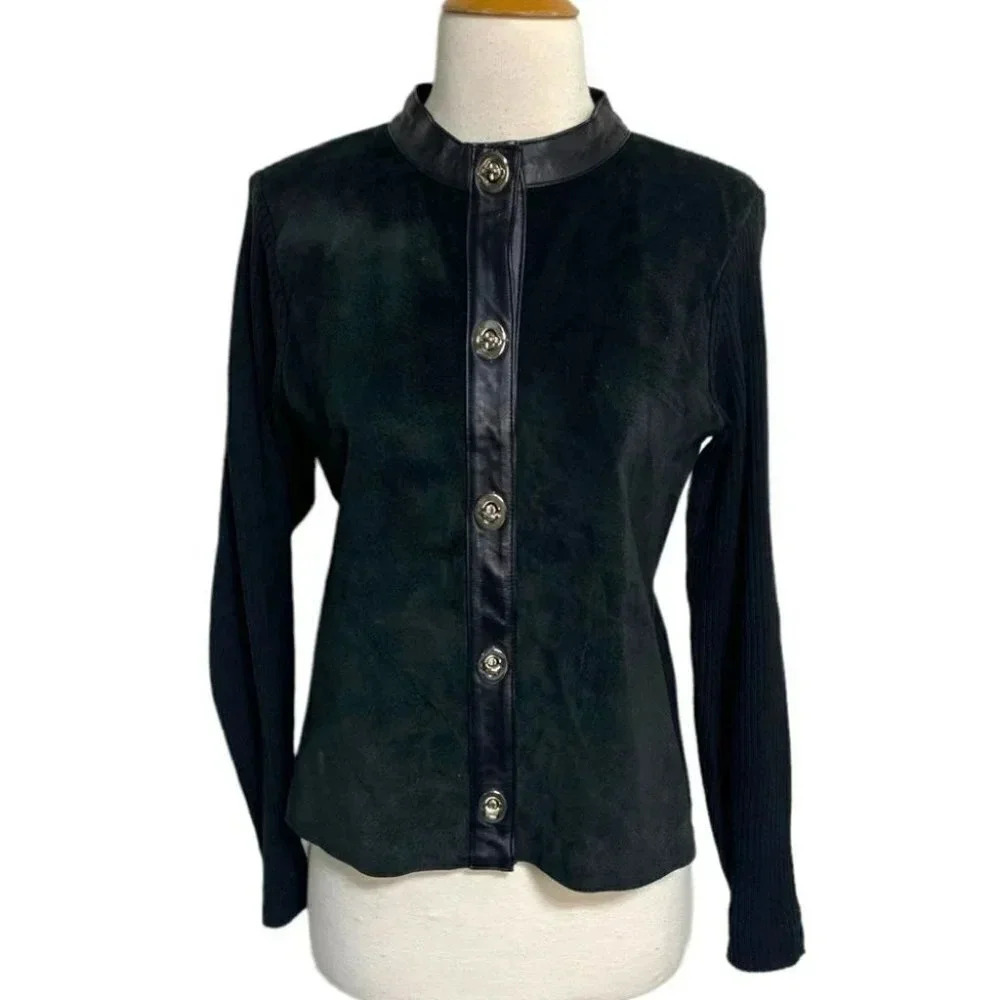 Escapade Black Suede‎ Leather Trim Button Front Cardigan Sweater Women's M